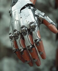 Naklejka premium Cyborg hand showcases intricate design and technology