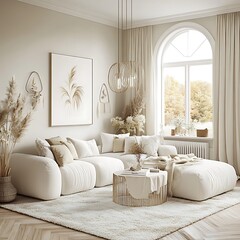 Modern Beige Living Room Interior Design With Sectional Sofa