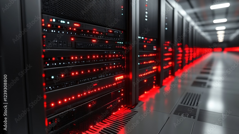 Poster high-tech server room with illuminated racks, showcasing data storage and processing capabilities