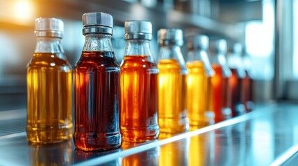 A captivating image featuring a lineup of colorful oil bottles on a sleek countertop that highlights culinary diversity and the essence of gourmet cooking.