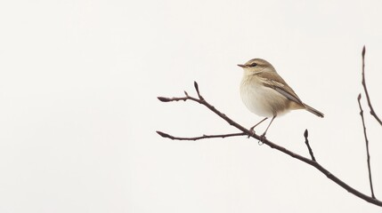 Fototapeta premium Small bird perched on a branch, winter sky background, nature photography, website