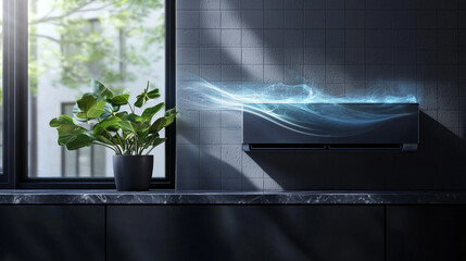 In a contemporary room flooded with natural light, a stylish air conditioning unit releases gentle wisps of cool air, while a vibrant green plant thrives nearby, creating a refreshing atmosphere