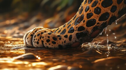 Leopard paw prints in shallow water at sunset