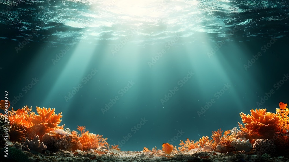 Poster mesmerizing underwater fantasy scene featuring a vibrant array of glowing coral and luminous marine 