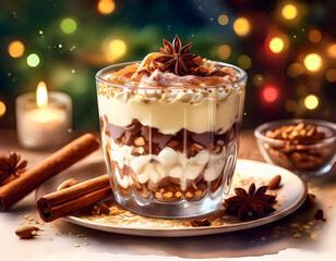 A festive layered dessert in a glass, topped with whipped cream, spices, and star anise, amidst a warm, celebratory setting
