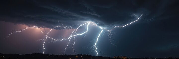A bright lightning bolt illuminates the dark sky during a nighttime storm