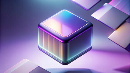 A futuristic cube with glowing edges radiates vibrant hues of purple, pink, and blue, suspended in a gradient backdrop. Surrounding panels reflect ambient light, enhancing the ethereal atmosphere.AI