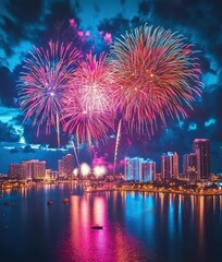 Fototapeta premium Vibrant Night Sky Illuminated by Colorful Fireworks Above a City Skyline Reflecting in Water Under Dramatic Clouds