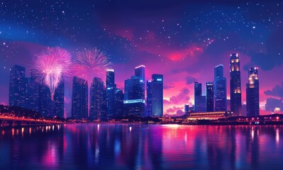 Obraz premium Vibrant Night Skyline of a Modern City Illuminated by Colorful Fireworks Over a Reflective Water Body at Dusk