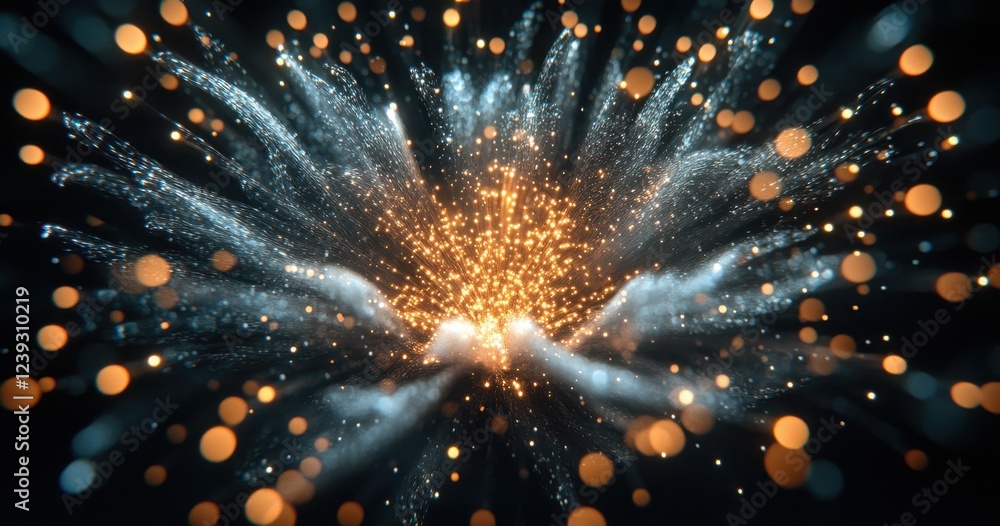 Poster vibrant particle explosion with glowing lights in dark background, dynamic motion and light effects 