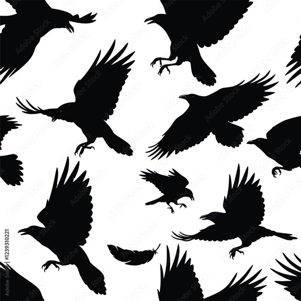 Poster a seamless pattern featuring the silhouettes of crows in various flight positions against a white ba