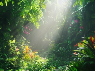 Fototapeta premium Lush tropical forest with sunlight filtering through foliage