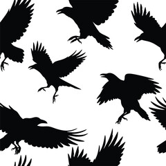 Obraz premium A repeating pattern of black silhouettes of crows in flight against a white background
