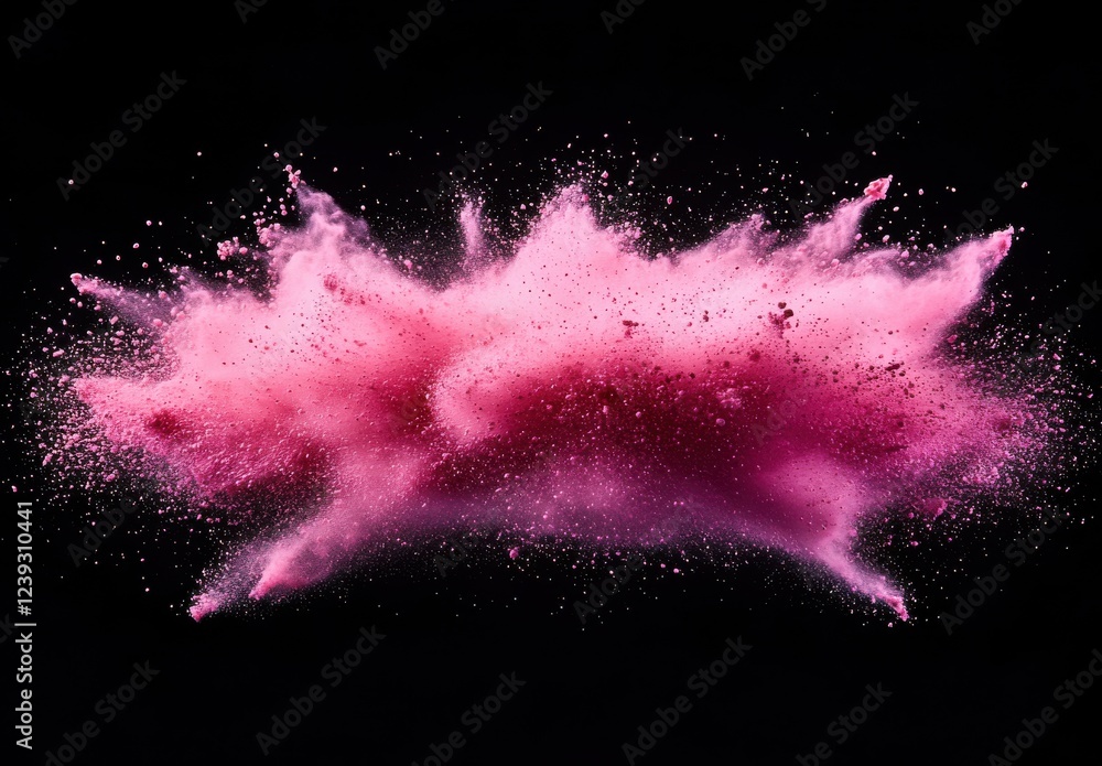 Poster vibrant pink powder explosion on black background, dynamic color burst with splashes and particle ef