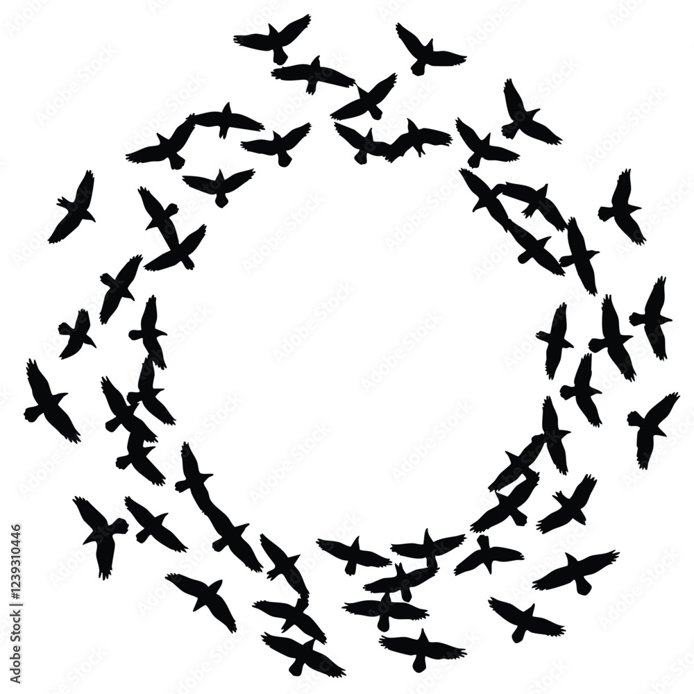 Poster a circular design composed of numerous black silhouette birds in flight, creating a dynamic and aest