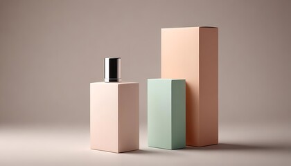 Minimalist product shot of perfume bottle and pastel boxes on neutral background.