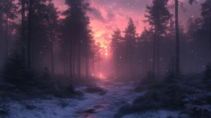 Fototapeta premium Pink And Purple Winter Sunset In A Magical Forest