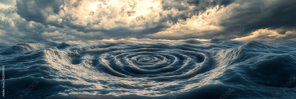 Poster a dense, spiraling storm cloud hovering above a vast river, the water below shifting in turbulent pa