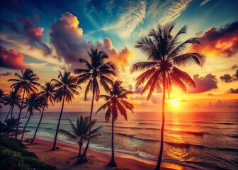 Obraz premium Vintage Tropical Summer Solstice: Palm Trees & Ocean Sunset