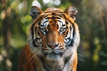 Close-up of majestic tiger in natural habitat with lush green background