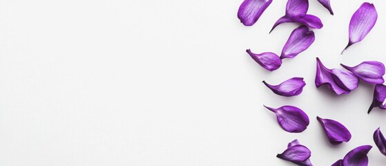 Delicate purple petals scattered on a white background. A minimalist floral design with a soft, romantic feel.