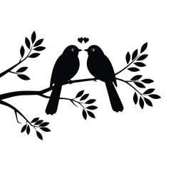 Fototapeta premium Birds sitting on a branch with hearts above them symbolizing love and affection in a minimalist black silhouette design