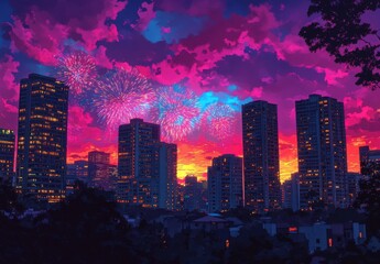 Obraz premium Vibrant Sunset Over City Skyline with Colorful Fireworks and Dramatic Clouds Enhancing Urban Nightscape Atmosphere in Beautiful Summer Evening