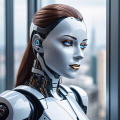3d rendering humanoid robot looking out the window in a modern office. Portrait of a female robot