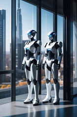 robot womans. 3d rendering humanoid robot working in modern office with cityscape view. Futuristic concept.