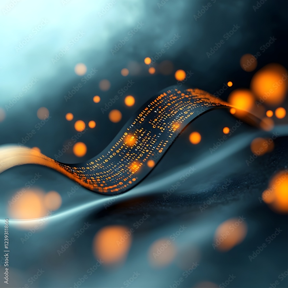 Poster oscillating streams of 1s and 0s intertwined with lines of code manifest against a mysterious ethere