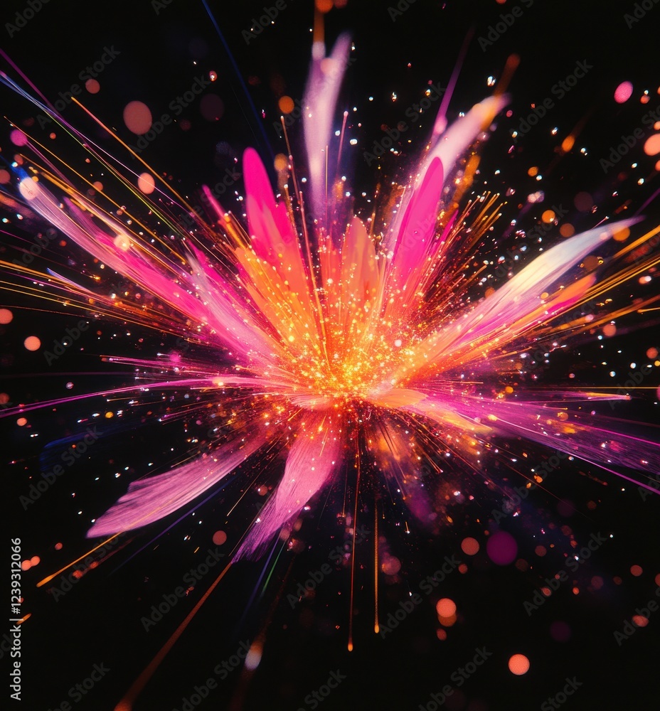 Poster Vivid Abstract Explosion of Colorful Light Particles Creating a Dynamic Floral Shape Against a Dark Background