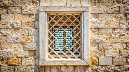 Vintage White Stone Wall with Lattice Window - Rustic Architectural Detail Stock Photo