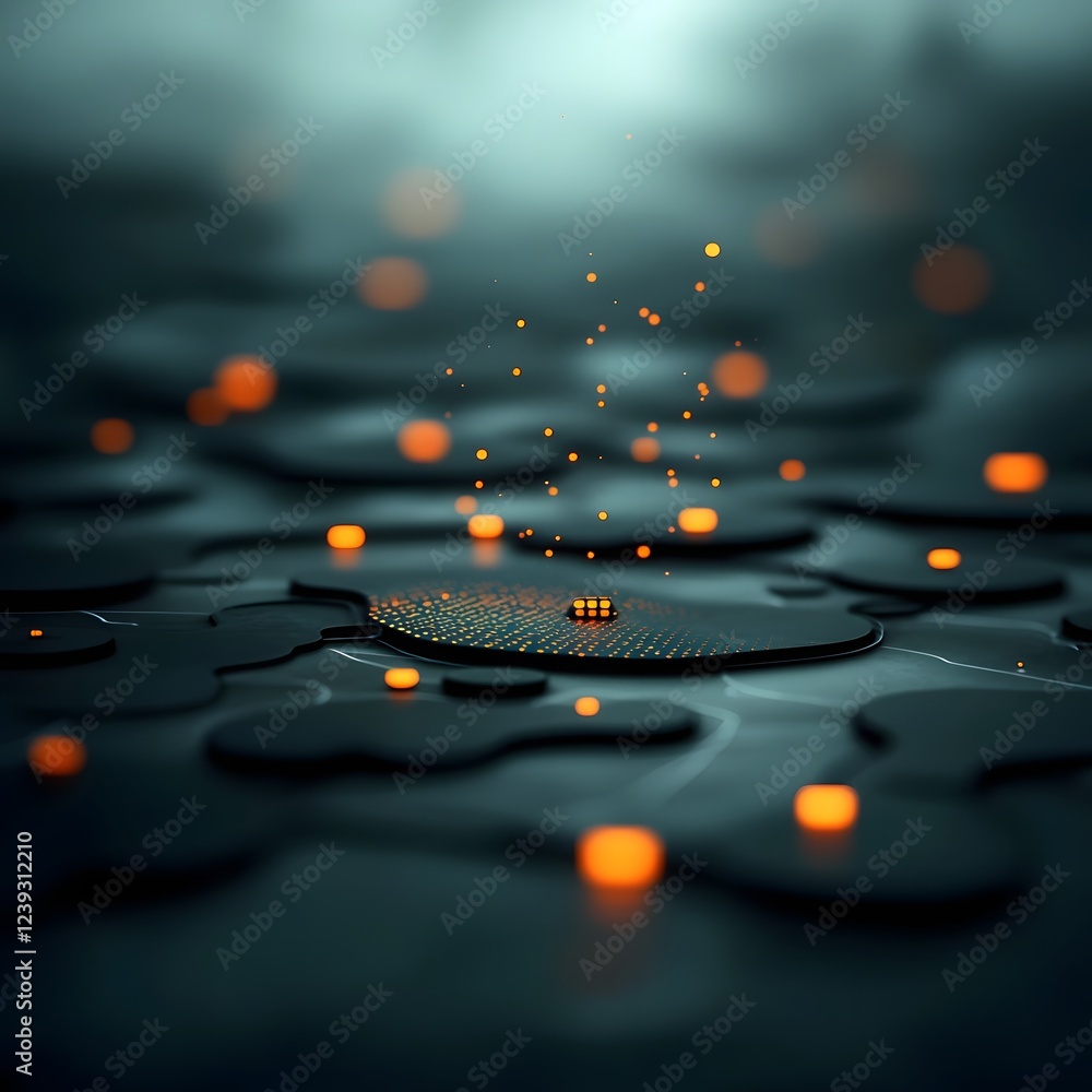 Poster overlapping grids of luminescent code cascade across a darkened realm conjuring a profound sense of 