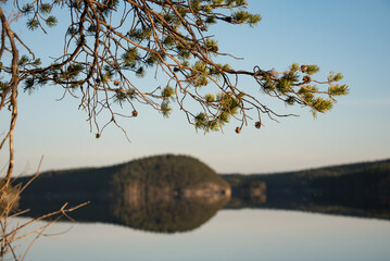 Lake scenery with green forests reflected on the calm surface of water in the forest wilderness of...