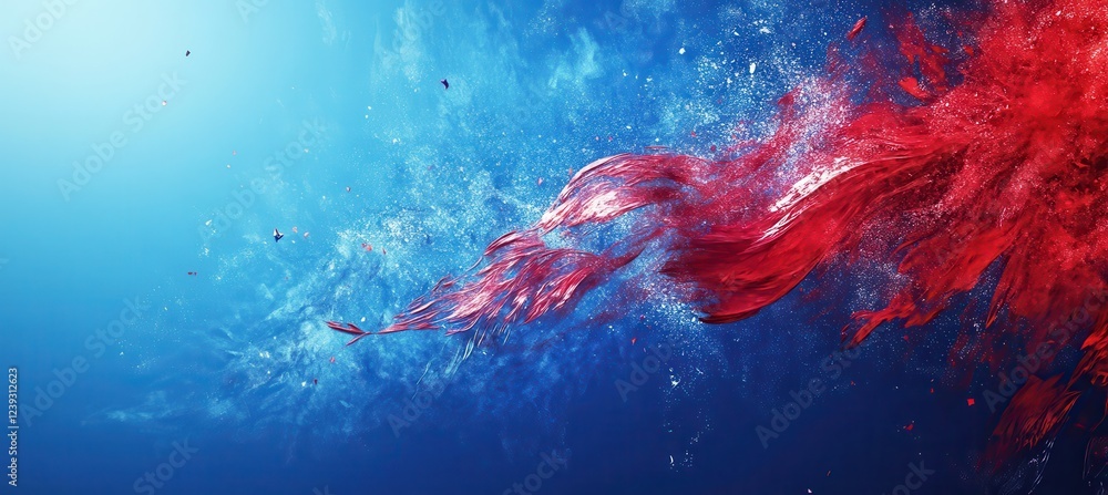 Poster vivid explosion of red and blue ink swirls blending together in a dynamic abstract design for artist