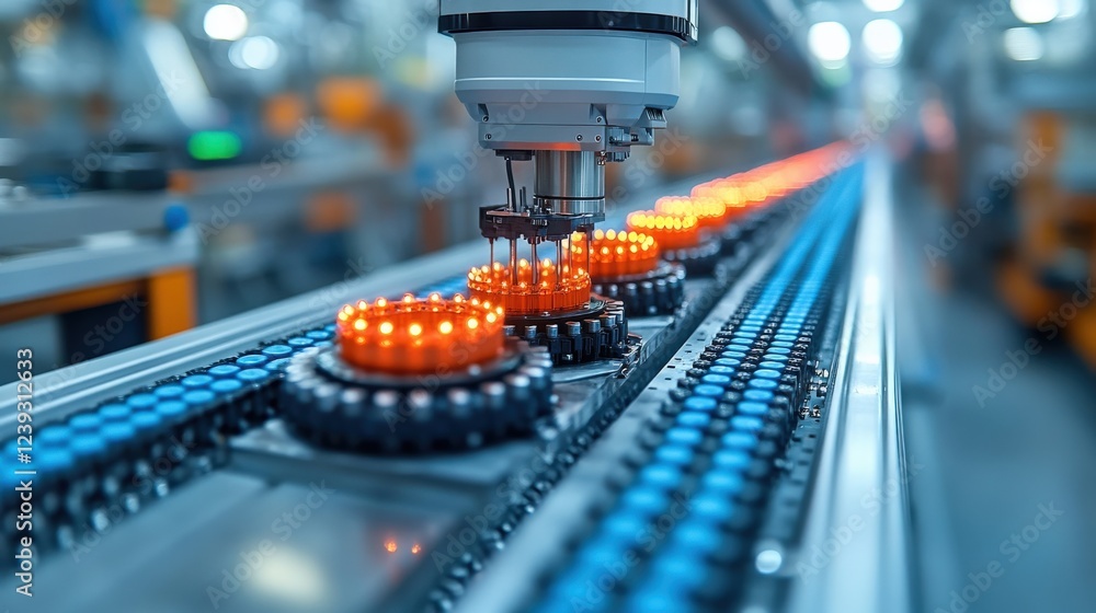 Poster industrial automation in a factory showcasing robotic arms assembling orange components on a conveyo