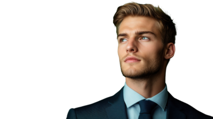 Pensive businessman looking up on transparent background