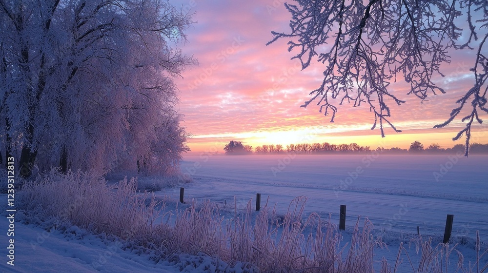 Poster frost-covered trees frame a tranquil landscape as the sun rises, casting gentle colors across the sn