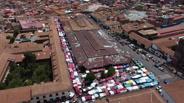 San pedro market cusco peru showing colorful stalls and roofs