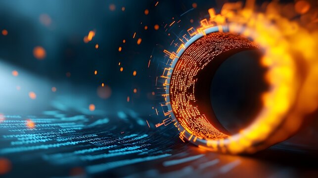 Pulsating cybernetic vortices of swirling binary data program syntax and glowing digital patterns cascading against a dark enigmatic background shrouded in shadow and mystery  Futuristic