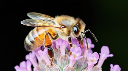 Honeybee pollinating lavender flower, close-up