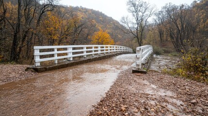Fototapeta premium Autumnal bridge over flooded stream, misty hills