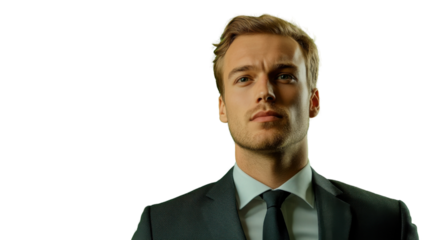 Serious businessman looking up with transparent background