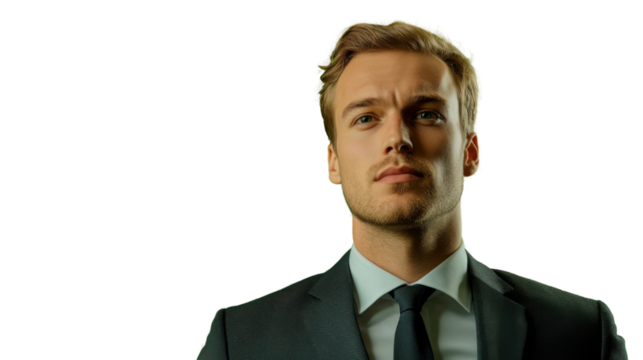 Serious businessman looking up with transparent background