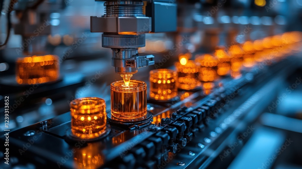 Poster industrial automation process with precision laser cutting of glass bottles in a factory setting