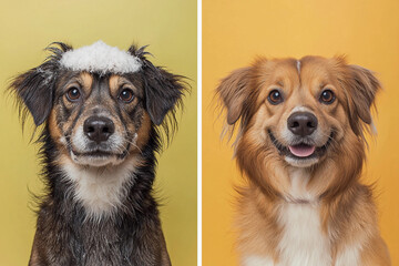 A dog is groomed, displaying a dramatic change from messy to neat fur with a cheerful expression. Generative AI