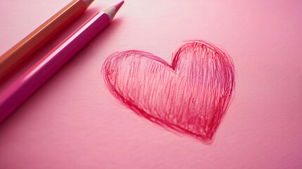 A red heart drawn on purple paper with colored pencils, a heart that represents love. It’s a very beautiful thing for Valentine's Day, a hand-drawn heart on paper.