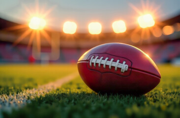 The American football ball lies on the stadium field, in the spotlight, celebrating the victory.
