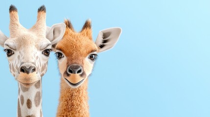 Obraz premium Two giraffes posing, light blue background, wildlife illustration, perfect for kids' books