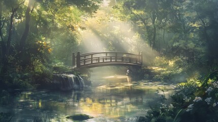 Serene Wooden Bridge Over Misty Forest Stream